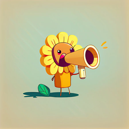 cute sun flower cartoon character shouts into megaphone, cartoon style, modern simple illustrationの写真素材
