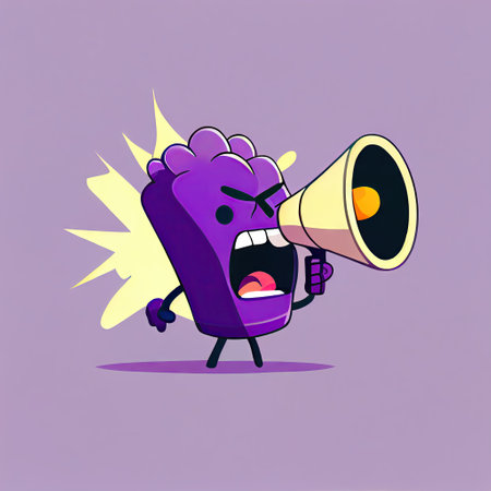 cute violet flower cartoon character shouts into megaphone, cartoon style, modern simple illustrationの写真素材