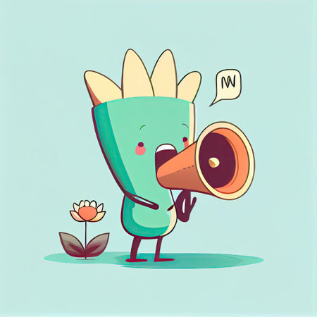cute waterlily flower cartoon character shouts into megaphone, cartoon style, modern simple illustrationの写真素材