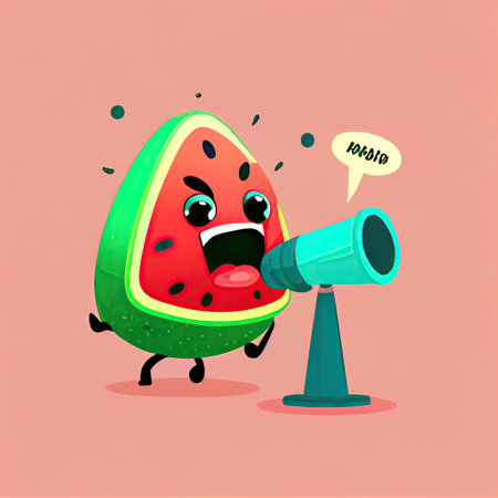 cute watermelon cartoon character shouts into megaphone, cartoon style, modern simple illustrationの写真素材