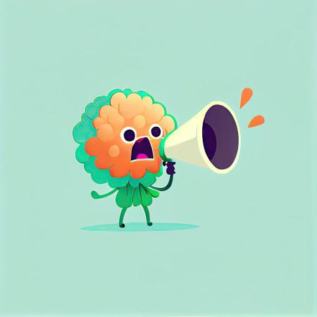 cute zinnia flower cartoon character shouts into megaphone, cartoon style, modern simple illustrationの写真素材