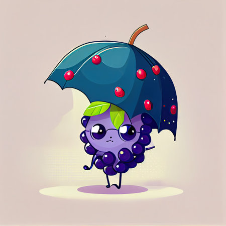 cute acaiberry cartoon character standing under an umbrella, cartoon style, modern simple illustrationの写真素材