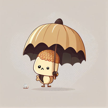 cute acorn cartoon character standing under an umbrella, cartoon style, modern simple illustrationの写真素材