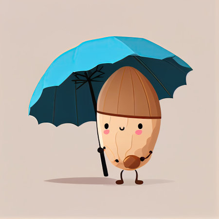 cute almond cartoon character standing under an umbrella, cartoon style, modern simple illustrationの写真素材