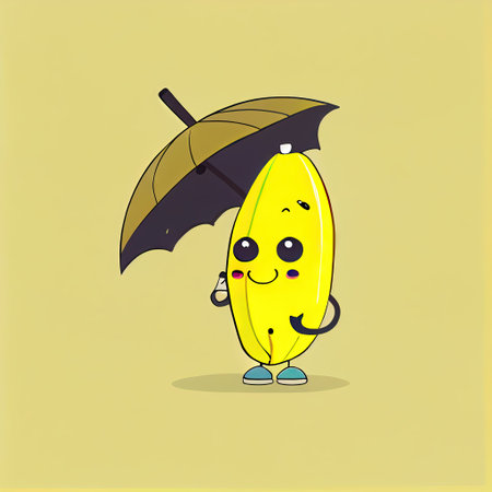 cute banana cartoon character standing under an umbrella, cartoon style, modern simple illustrationの写真素材
