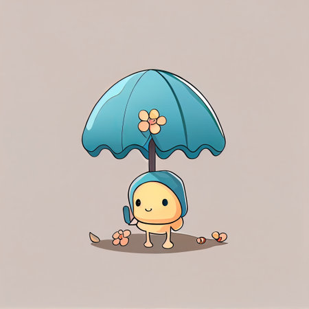 cute bell flower cartoon character standing under an umbrella, cartoon style, modern simple illustrationの写真素材