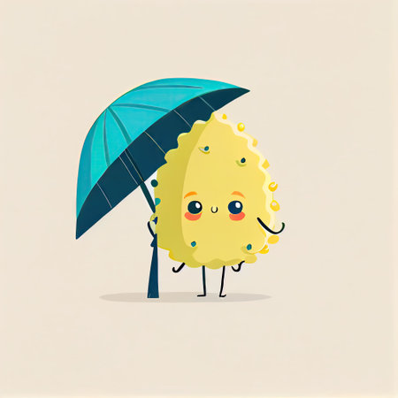 cute bergamot cartoon character standing under an umbrella, cartoon style, modern simple illustrationの写真素材