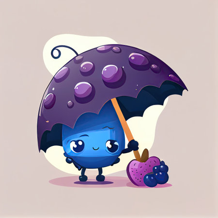 cute bilberry cartoon character standing under an umbrella, cartoon style, modern simple illustrationの写真素材
