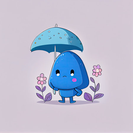 cute bluebell flower cartoon character standing under an umbrella, cartoon style, modern simple illustrationの写真素材