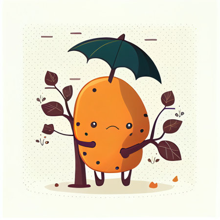 cute buckthorn cartoon character standing under an umbrella, cartoon style, modern simple illustrationの写真素材