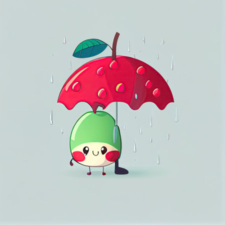 cute cherry cartoon character standing under an umbrella, cartoon style, modern simple illustrationの写真素材