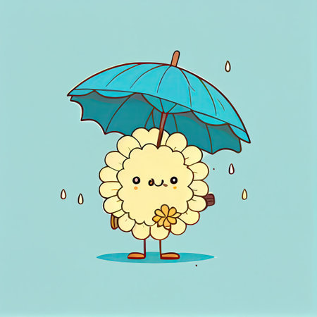 cute chrysanthemum flower cartoon character standing under an umbrella, cartoon style, modern simple illustrationの写真素材