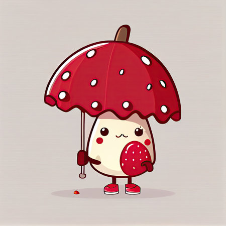 cute cowberry cartoon character standing under an umbrella, cartoon style, modern simple illustrationの写真素材
