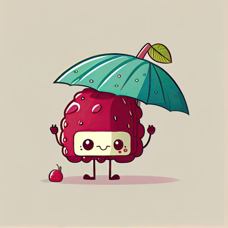 cute cranberry cartoon character standing under an umbrella, cartoon style, modern simple illustrationの写真素材