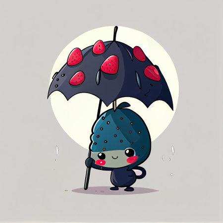 cute crowberry cartoon character standing under an umbrella, cartoon style, modern simple illustrationの写真素材