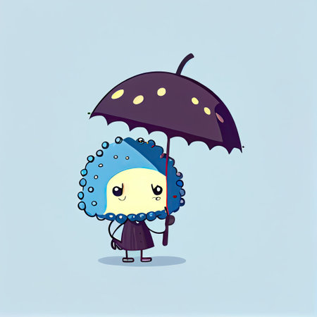 cute crowberry cartoon character standing under an umbrella, cartoon style, modern simple illustrationの写真素材