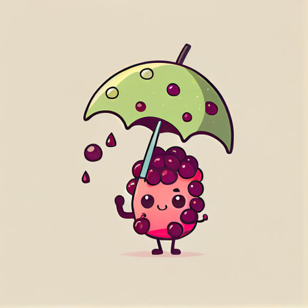 cute currant cartoon character standing under an umbrella, cartoon style, modern simple illustrationの写真素材