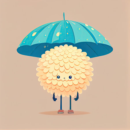cute dahlia flower cartoon character standing under an umbrella, cartoon style, modern simple illustrationの写真素材
