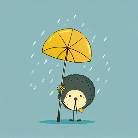 cute dandelion flower cartoon character standing under an umbrella, cartoon style, modern simple illustrationの写真素材