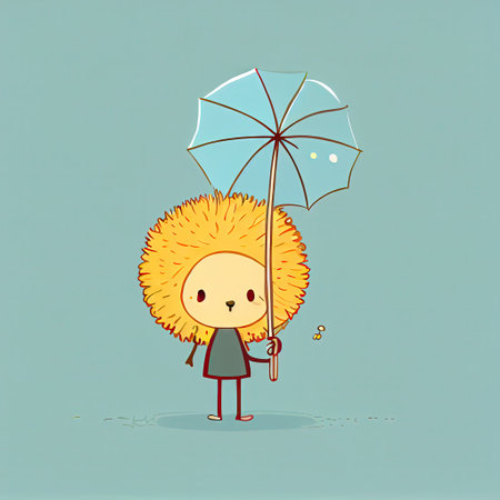 cute dandelion flower cartoon character standing under an umbrella, cartoon style, modern simple illustrationの写真素材