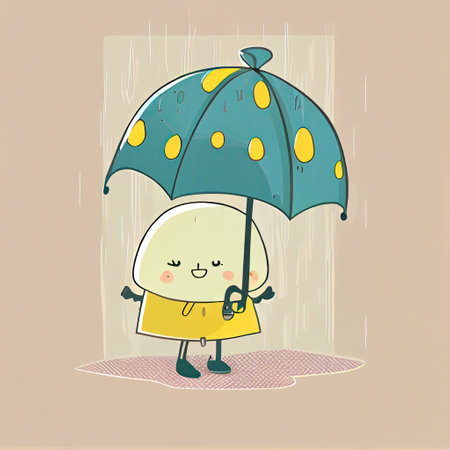 cute date cartoon character standing under an umbrella, cartoon style, modern simple illustrationの写真素材