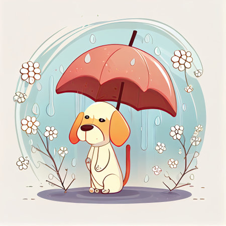 cute dogwood cartoon character standing under an umbrella, cartoon style, modern simple illustrationの写真素材