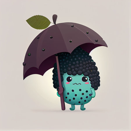 cute elderberry cartoon character standing under an umbrella, cartoon style, modern simple illustrationの写真素材