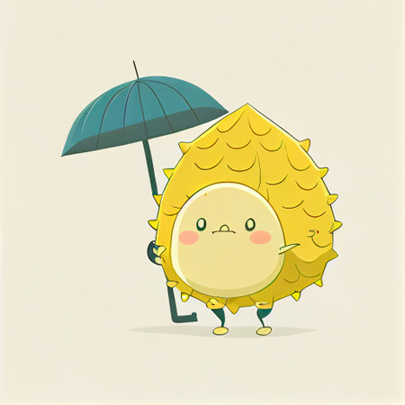 cute durian cartoon character standing under an umbrella, cartoon style, modern simple illustrationの写真素材