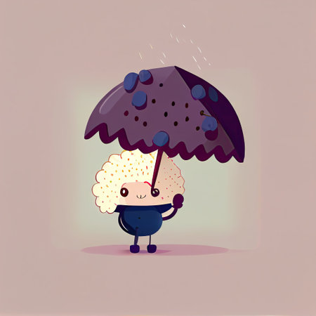 cute elderberry cartoon character standing under an umbrella, cartoon style, modern simple illustrationの写真素材