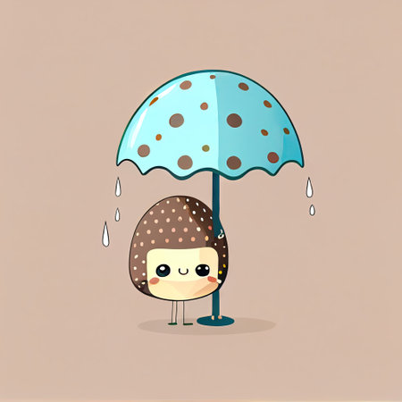 cute fig cartoon character standing under an umbrella, cartoon style, modern simple illustrationの写真素材