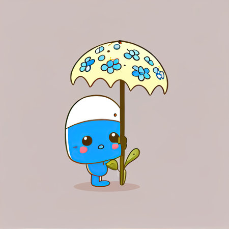 cute forget-me-not flower cartoon character standing under an umbrella, cartoon style, modern simple illustrationの写真素材