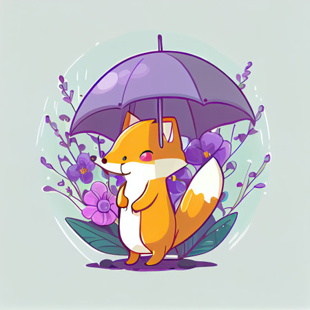 cute foxglove flower cartoon character standing under an umbrella, cartoon style, modern simple illustrationの写真素材