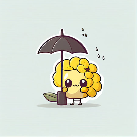 cute freesia flower cartoon character standing under an umbrella, cartoon style, modern simple illustrationの写真素材