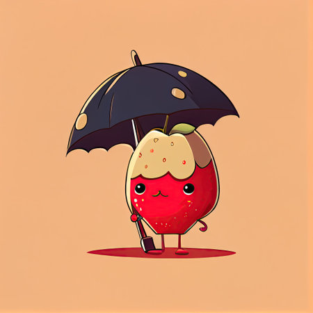 cute gojiberry cartoon character standing under an umbrella, cartoon style, modern simple illustrationの写真素材