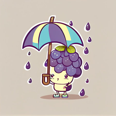 cute grape cartoon character standing under an umbrella, cartoon style, modern simple illustrationの写真素材