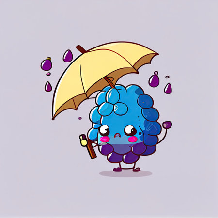 cute grapes cartoon character standing under an umbrella, cartoon style, modern simple illustrationの写真素材