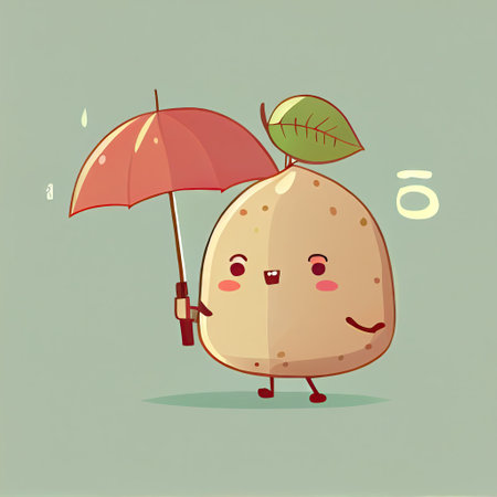 cute guava cartoon character standing under an umbrella, cartoon style, modern simple illustrationの写真素材