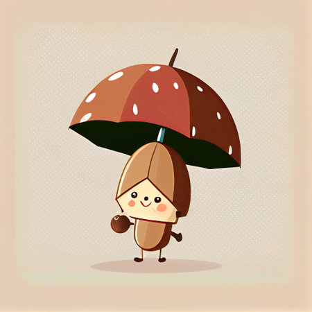 cute hazelnut cartoon character standing under an umbrella, cartoon style, modern simple illustrationの写真素材