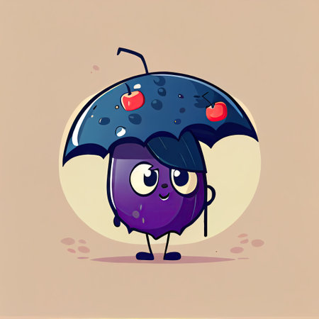 cute huckleberry cartoon character standing under an umbrella, cartoon style, modern simple illustrationの写真素材
