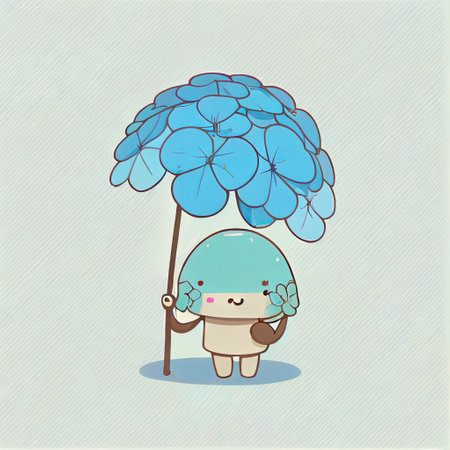 cute hydrangea flower cartoon character standing under an umbrella, cartoon style, modern simple illustrationの写真素材
