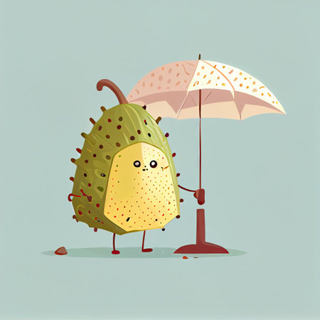 cute jackfruit cartoon character standing under an umbrella, cartoon style, modern simple illustrationの写真素材