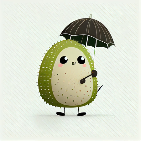 cute kiwi cartoon character standing under an umbrella, cartoon style, modern simple illustrationの写真素材