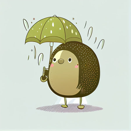 cute kiwi cartoon character standing under an umbrella, cartoon style, modern simple illustrationの写真素材