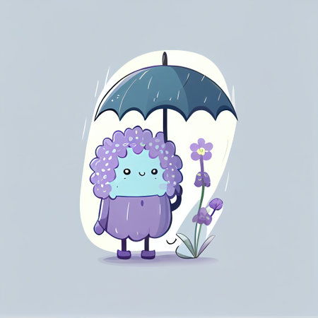 cute lavender flower cartoon character standing under an umbrella, cartoon style, modern simple illustrationの写真素材