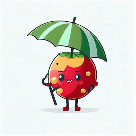 cute lingonberry cartoon character standing under an umbrella, cartoon style, modern simple illustrationの写真素材