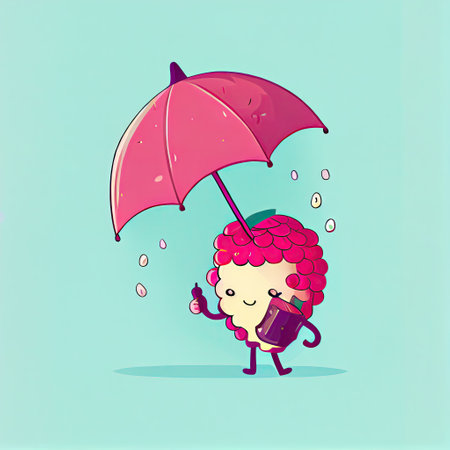 cute loganberry cartoon character standing under an umbrella, cartoon style, modern simple illustrationの写真素材