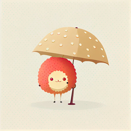 cute lychee cartoon character standing under an umbrella, cartoon style, modern simple illustrationの写真素材