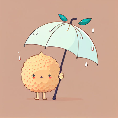 cute lychee cartoon character standing under an umbrella, cartoon style, modern simple illustrationの写真素材