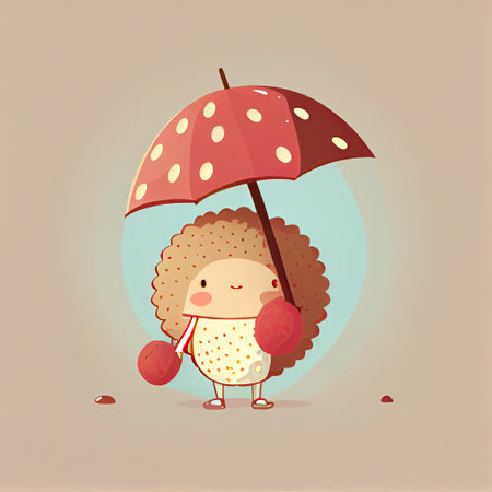 cute lychee cartoon character standing under an umbrella, cartoon style, modern simple illustrationの写真素材