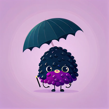 cute marionberry cartoon character standing under an umbrella, cartoon style, modern simple illustrationの写真素材